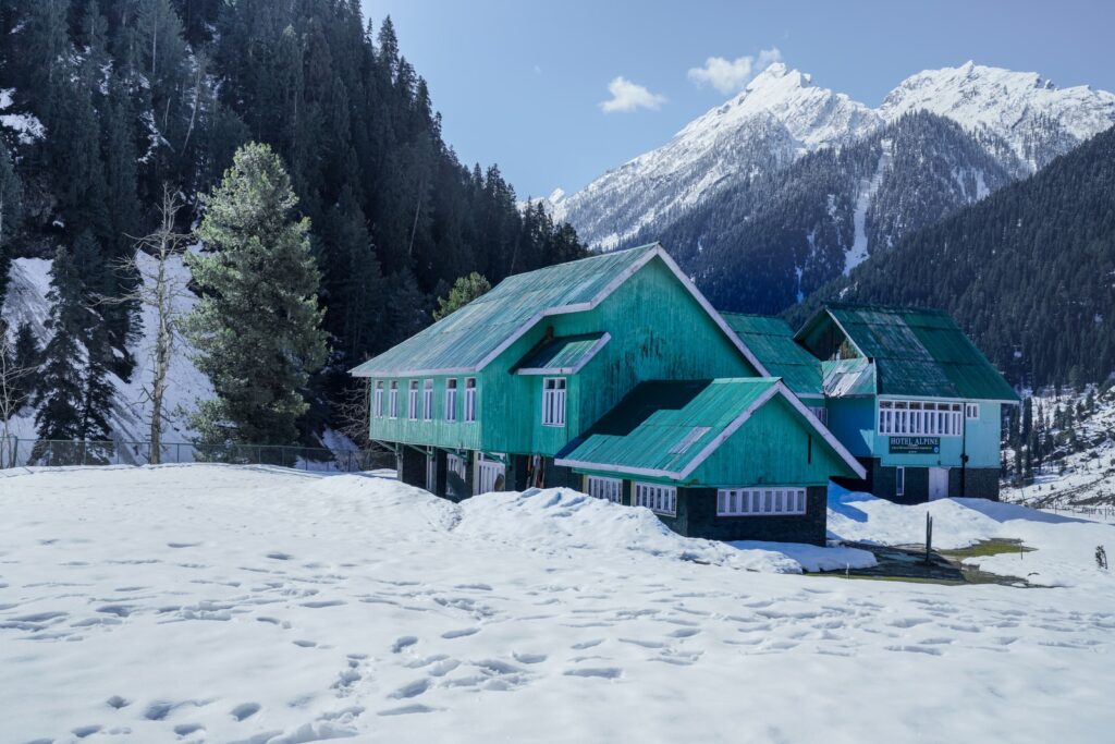 green wooden house on snow covered ground near green trees and mountain during daytime