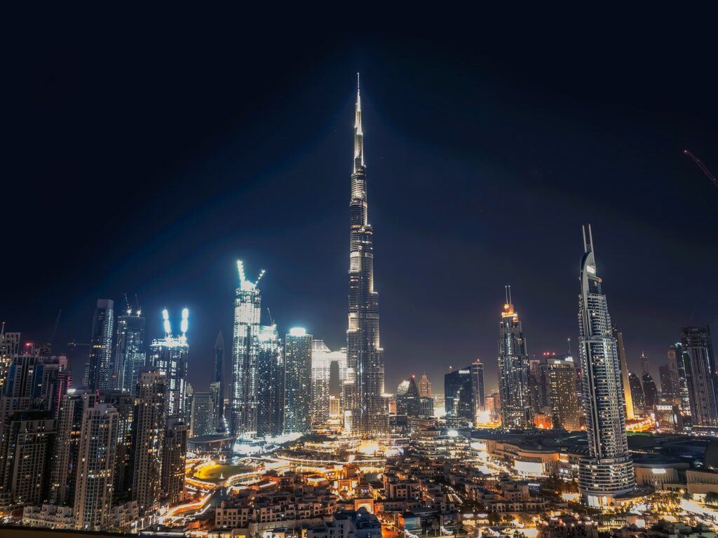 city skyline during night time