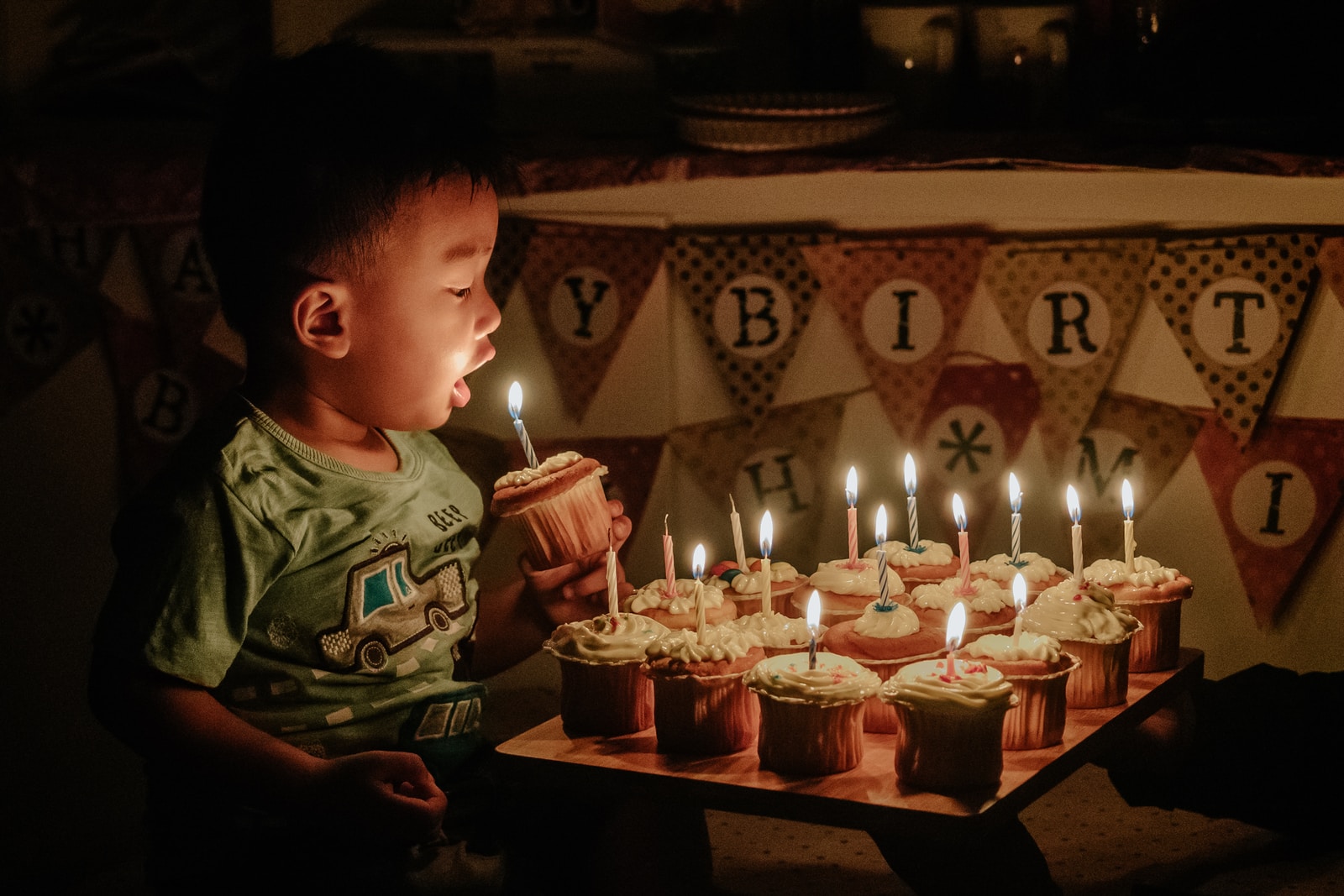 boy holding cupcake blowing the candle