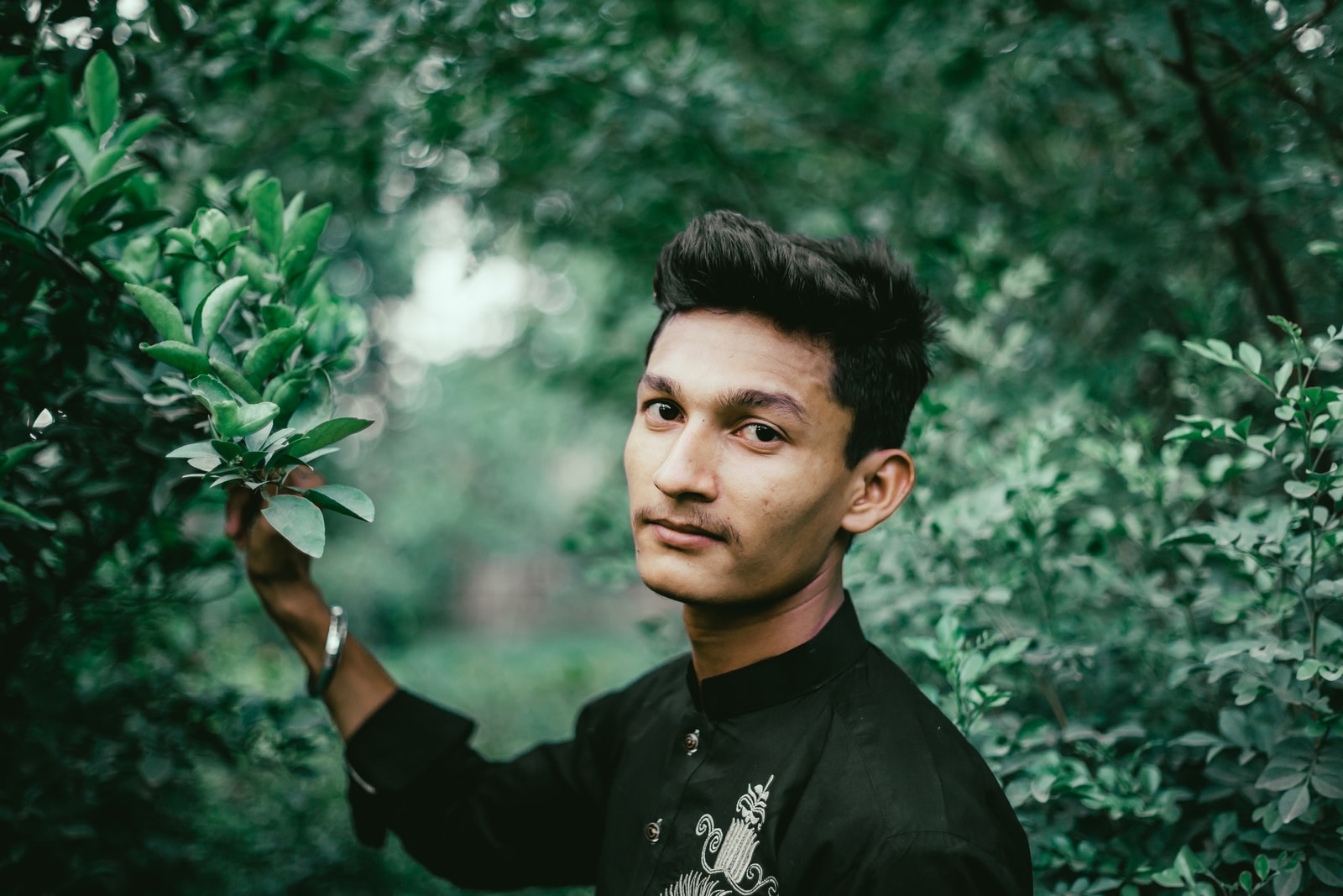 man in black long sleeve shirt holding green plant